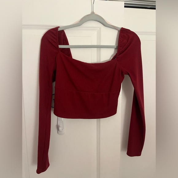Long Sleeve Leather Top with Ruched Detail - Maroon main image 1